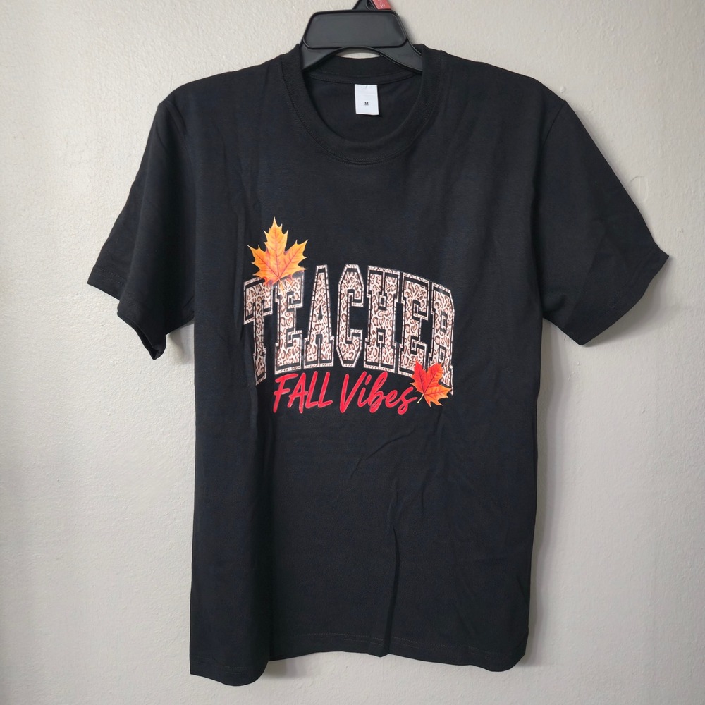 Teacher Fall Vibes Graphic Tee Black Leopard Print Autumn Shirt Medium
